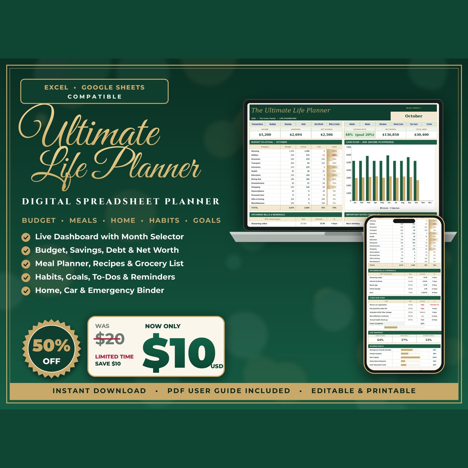 Ultimate Life Planner spreadsheet dark green and gold