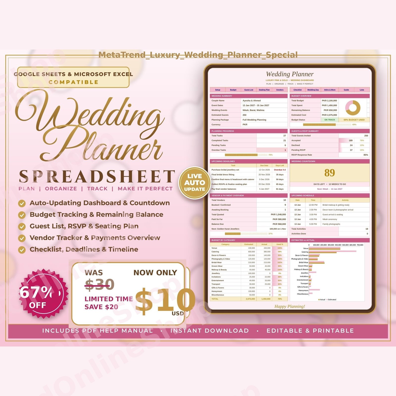 Luxury Pink and Gold Wedding Planner spreadsheet